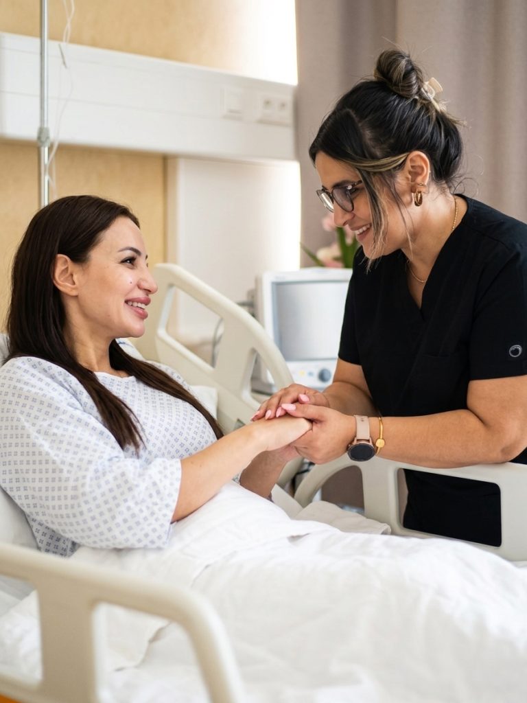 Patiente souriante rassurée par l'équipe d'accompagnement VIP Didora lors de son séjour chirurgical en Tunisie